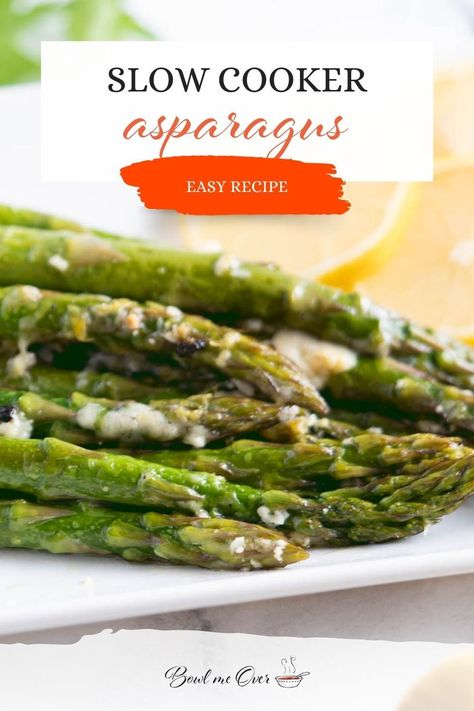 Enhance your mealtime with Slow Cooker Asparagus — a scrumptious and easy-to-make side dish perfect for any gathering. Fresh asparagus, garlic, parmesan, lemon, and olive oil combine to deliver a burst of exquisite flavors that will have your palate yearning for more. Asparagus In Crockpot, Crock Pot Asparagus Recipes, Asparagus Recipes Crockpot, Crockpot Asparagus Recipes, Steamed Asparagus Recipes, Crockpot Asparagus, Asparagus Crockpot, Slow Cooker Asparagus, Green Vegetable Recipes