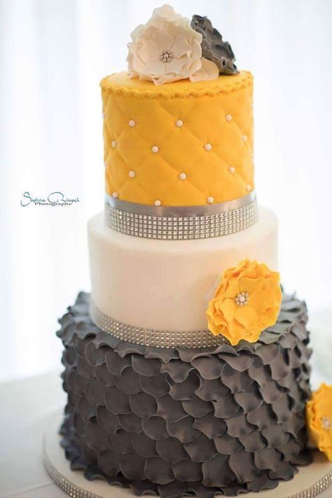 Grey And Yellow Wedding, Gray And Yellow Wedding, Gray Wedding Cake, Yellow Grey Weddings, Yellow Wedding Cake, Yellow Weddings, Modern Wedding Favors, Ivory Bouquet Wedding, Wedding Color Combos