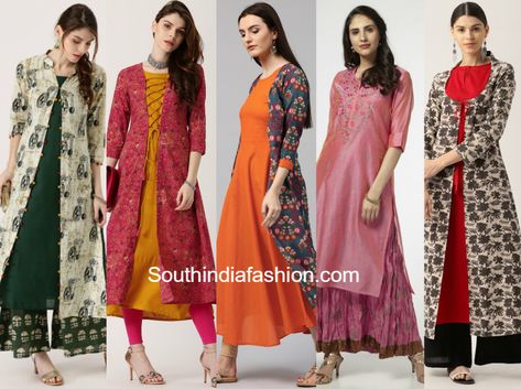 15 Pretty Double Layered Kurtis - SHOP ONLINE!! Two Piece Kurti Design, Over Coats On Kurtis, Layered Kurti Designs, Double Layered Kurti Designs, Long Kurta Designs, Dress Designs For Stitching, Layered Kurta, Kalamkari Dresses, Trendy Suits