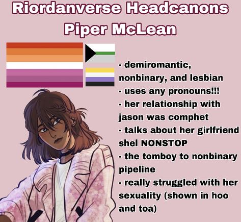 Reminder that piper IS canonically an unlabeled sapphic so please no hate and be respectful! :) #percyjackson Piper art by Viria Piper Mclean Headcanons, Unlabeled Sapphic, Pjo Headcannons, Pjo Characters, Pjo Fanart, Head Cannons, Percy Jackson Ships, Percy Jackson Head Canon, Piper Mclean