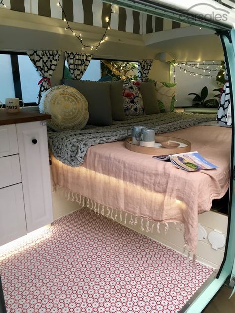 Cute Van Life, Pink Camper Van Interior, Van House Aesthetic, Pink Camper Interior, Campervan Aesthetic, Cute Caravan, Volkswagen Bus Interior, Motorhome Interior, Camper Interior Design