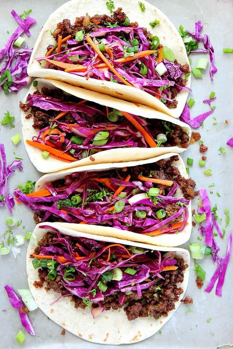 Bulgogi Tacos, Ground Pork Tacos, Asian Tacos, Fusion Tacos, Korean Beef Tacos, Korean Beef Recipes, Bbq Tacos, Korean Bbq Beef, Korean Ground Beef