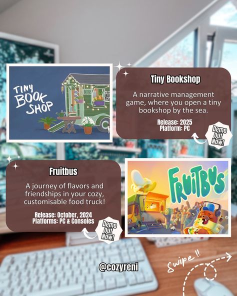 Here are some upcoming cozy games you shouldn’t miss! 👀💗 Make sure to add them to your wishlist or even try out the free demos on Steam (if available). 🤭🫶🏻 #nintendoswitch #nintendoswitchlite #pcgaming #cozygames #cozygaming #cozygamingcommunity #cozygamingsetup #gaming #videogames Cute Games On Steam, Cozy Gamer, Steam Games, Cozy Games, Relaxing Game, Cozy Gaming, Switch Games, Fun Online Games, Game Websites