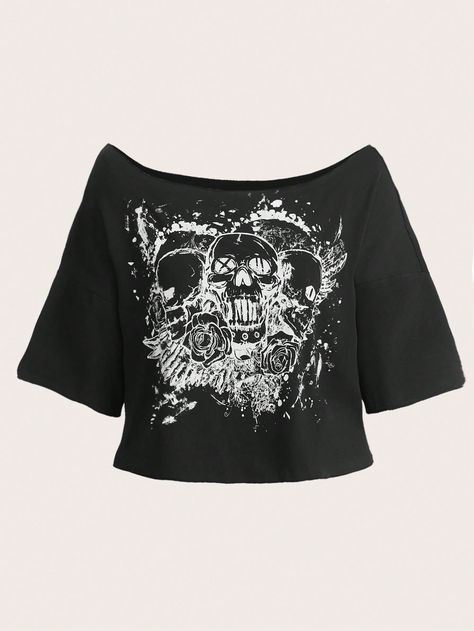 Grunge Punk Skull Graphic Off Shoulder TeeI discovered amazing products on SHEIN.com, come check them out! Prints For T Shirts Graphic Tees, New Trendy Clothes For Women, Off Shoulder T-shirt, Scene Crop Top, Skull Graphic Tee, Cute Graphic Crop Tops, Grunge Shein Outfits, Cute Y2k Shirts, Y2k T-shirts