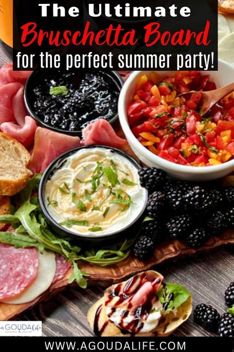 Easy Bruschetta Bar with the absolute best toppings = the ultimate summer party appetizer! Delicious (prep ahead) build-your-own bruschetta - simple entertaining or light summer meal. #bruschetta #bruschettabar #bruschettaboard #bestbruschettatoppings #bruschettatoppings #tomatobasilbruschetta #memorialweekendappetizer #july4thappetizer #4thofjulyappetizer #easysummerappetizer #agoudalife Bruschetta Bar Build Your Own, Bruschetta Charcuterie Board, Summer Happy Hour Appetizers, Bruschetta Bar Ideas, Bruschetta Board Ideas, Brushetta Appetizers, Bruschetta Board, Bruchetta Appetizers, Best Bruschetta