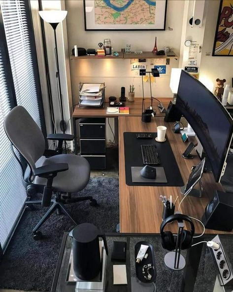 Office And Gym Combo, Desk Feng Shui, Feng Shui Home Office, Functional Home Office, Cozy Workspace, Curved Monitor, Dark Carpet, Warm Color Schemes, Framed Map