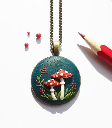 Clay Embroidery, Polymer Clay Mushroom, Clay Arts, Polymer Clay Embroidery, Mushroom Necklace, Red Mushroom, Handmade Clay Jewelry, Clay Craft, Clay Polymer