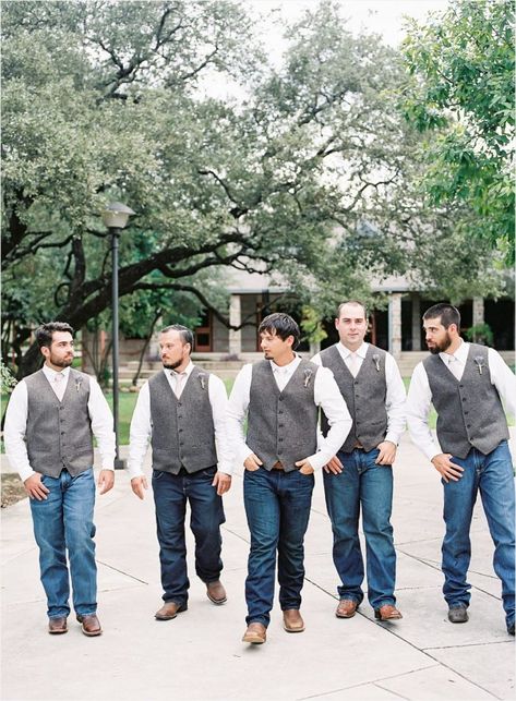 Grey Vest And Jeans Groomsmen, Grey Vest Groomsmen, Mens Wedding Attire Grey, Groomsmen Jeans, Vest Groomsmen, Wedding With Lavender, Groom In Jeans, San Antonio Wedding Photography, Jordan Wedding