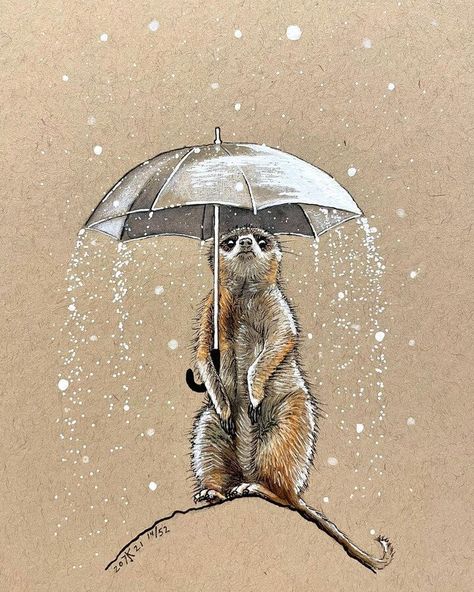 mixed media animal drawing Under An Umbrella, Mouse Art, Pencil Drawings Of Animals, Dorm Wall Art, Cat Drawings, Fantasy Drawings, Animal Study, Maputo, So Busy