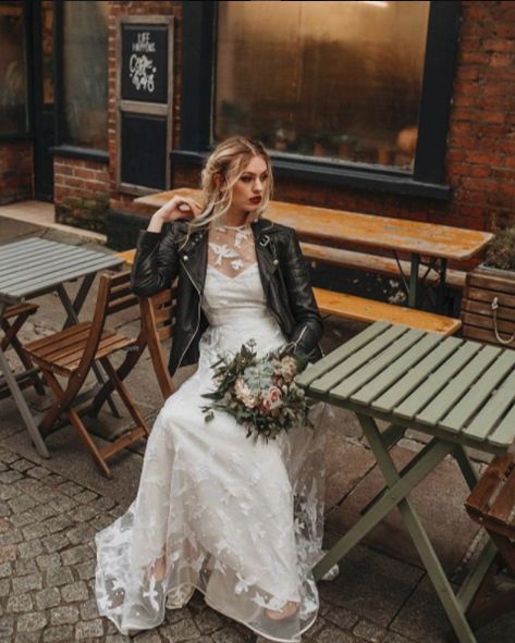 Wedding Dress With Leather Jacket, Wedding Dress Leather Jacket, Leather Jacket Wedding Dress, Marvel Dr, Leather Jacket Dress, Black Bustier, Cropped Leather Jacket, La Wedding, Black Wedding Dresses