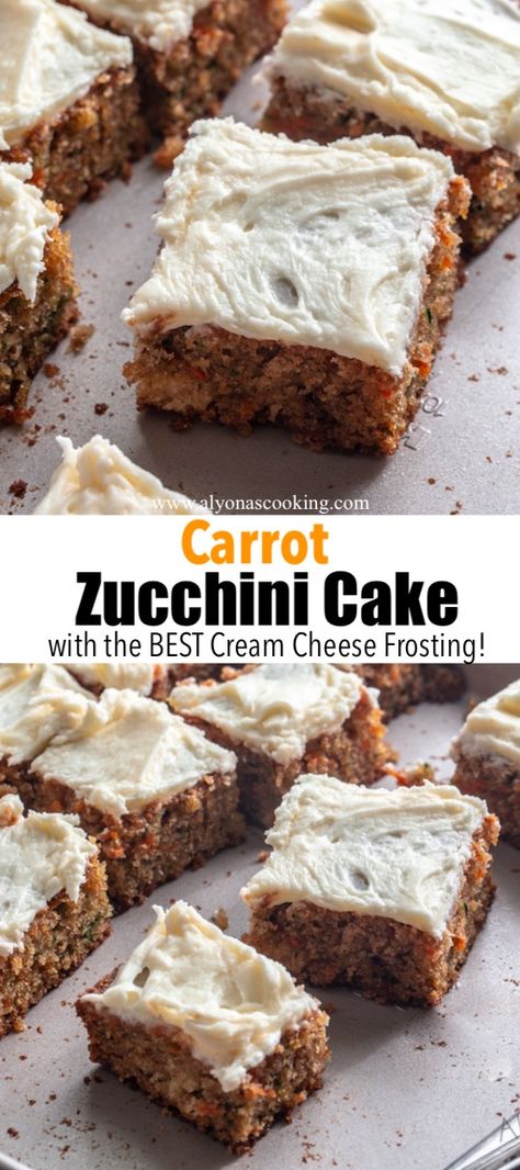 Zucchini Carrot Bars, Carrot Cake Zucchini Muffins With Glaze, Zucchini And Carrot Bread Recipes, Zoe Bakes Carrot Cake, Carrot Courgette Cake, Carrot Cake Mix Zucchini Muffins, Carrot Zucchini Bread Recipes, Zucchini Carrot Cake With Cream Cheese Frosting, Zucchini Carrot Pineapple Cake