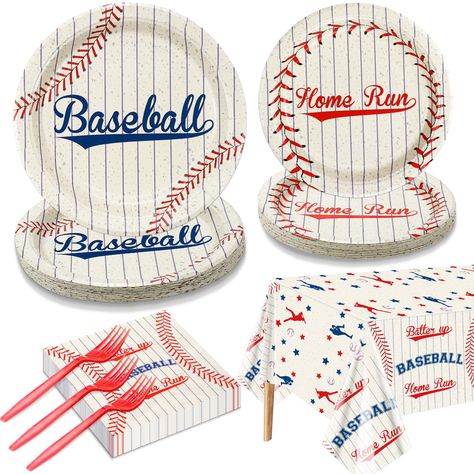 PRICES MAY VARY. 【Baseball Birthday Party Supplies】Package includes 20 x 9’’ dinner plates, 20 x 7’’ dessert plates, 20 x napkins, 20 x forks, 1 x baseball tablecloth. 【Unique Baseball Themed Design】On the base of baseball, we chose classical baseball-themed colors(red, blue, white) to design the baseball birthday tableware set. Printed with “BASEBALL”, “Batter up” and “Home Run”words. These exciting baseball decorations are sure to be a hit will all your guests, kids who are interested in sport Baseball 2nd Birthday Party Ideas, Third Birthday Baseball Theme, Baseball 3rd Birthday Party, Baseball Tablecloth, Baseball Party Ideas, Baseball Birthday Party Ideas, Vintage Baseball Party, Baseball Decorations, Baseball Theme Birthday Party