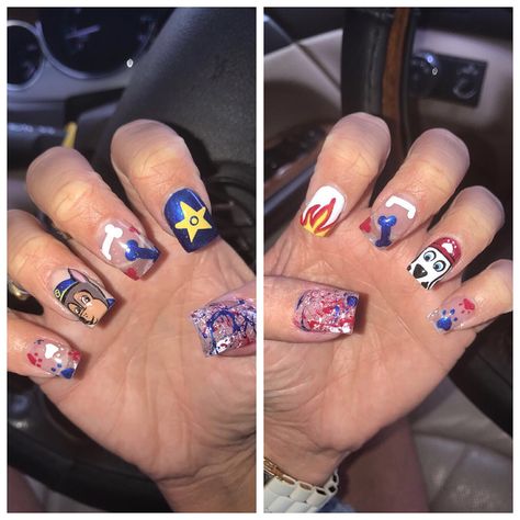 Paw patrol nails Paw Patrol Nails Designs, Paw Patrol Halloween Makeup, Paw Patrol Nails, Paw Print Acrylic Nails, Nail Designs Paw Print, Cute Paw Print Nails, Sky Paw Patrol, Kids Nail Designs, Marshall Paw Patrol