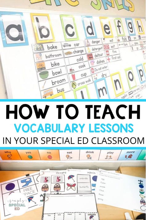 Teaching vocabulary in special education is crucial! Teaching monthly vocabulary lessons in special education is a great way to cover important vocabulary. Use new vocabulary words during morning meetings, lunch, and other times throughout the day. Use a word wall in your special education classroom. You can use a functional life skills word wall too. Using file folders to teach vocabulary is another great one. Or having literacy centers and vocabulary games setup are helpful too. Reading Centers Special Education, Functional Sight Words Special Education, Functional Vocabulary Words, Functional Reading Activities Life Skills, Ela Special Education, Functional Reading Special Education, Special Education Games, How To Teach Vocabulary, Special Education Centers