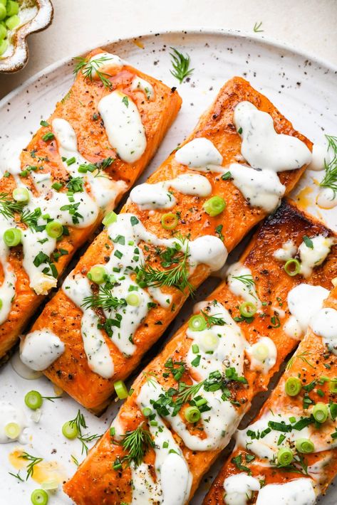 This baked buffalo salmon is marinated quickly in a simple homemade buffalo sauce and baked in the oven until perfectly cooked. Whole30 + GF. Buffalo Salmon, Homemade Buffalo Sauce, Dairy Free Soup, Whole30 Dinners, Seafood Recipes Healthy, Buffalo Sauce, Healthy Protein, Baked Salmon, Homemade Soup