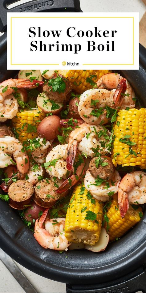 Main Dish For A Crowd, Crock Pot Shrimp, Dish For A Crowd, Shrimp Corn, Seafood Boil Recipes, Kielbasa Sausage, Boiled Food, New Potatoes, Shrimp Boil