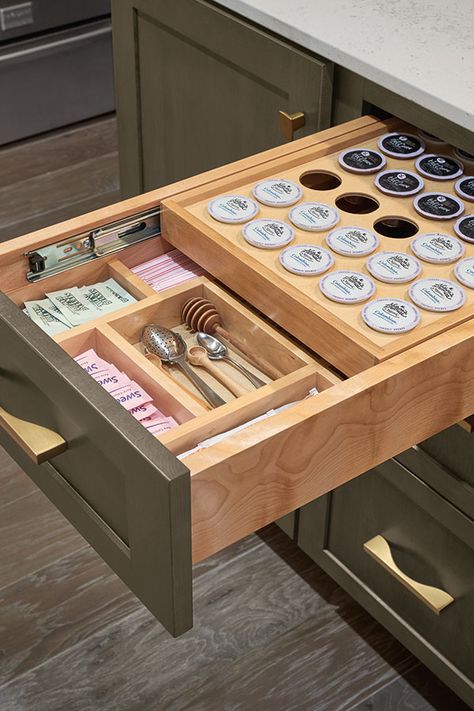 Coffee Drawer, Diamond Cabinets, Under Cabinet Storage, Pan Storage, Drawer Organization, Best Kitchen Cabinets, Kitchen Organization Pantry, Kitchen Drawer Organization, Organization Products