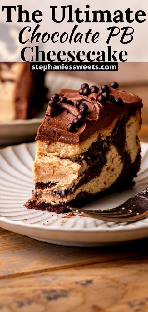 This chocolate peanut butter cheesecake combines peanut butter cheesecake with chocolate cake swirled together. It is an amazing combination of flavors and textures! Brownie Bottom Peanut Butter Cheesecake, Peanut Butter Swirl Cheesecake, Peanut Butter Cookie Cheesecake, Unique Cheesecake Flavors, Chocolate Peanut Butter Cheesecake Cake, New York Cheesecake Recipes, Unique Cheesecake Recipes, Gourmet Cheesecake, Flavored Cheesecake