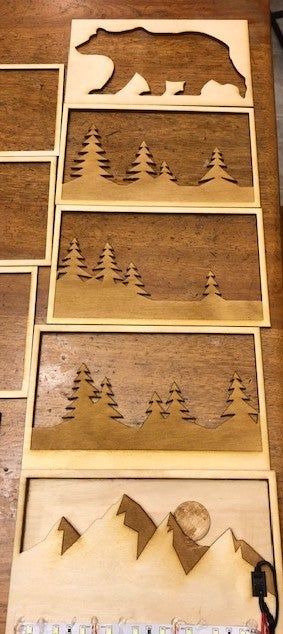 Scroll Saw Shadow Box Patterns, Wall Shadow Box Ideas, Scroll Saw Light Box Patterns, Diy Light Up Gift Boxes, Wood Shadow Box Ideas, Wooden Shadow Boxes Ideas, Lighted Shadow Box Ideas Diy, Wood Box Design Ideas, Layered Wood Projects