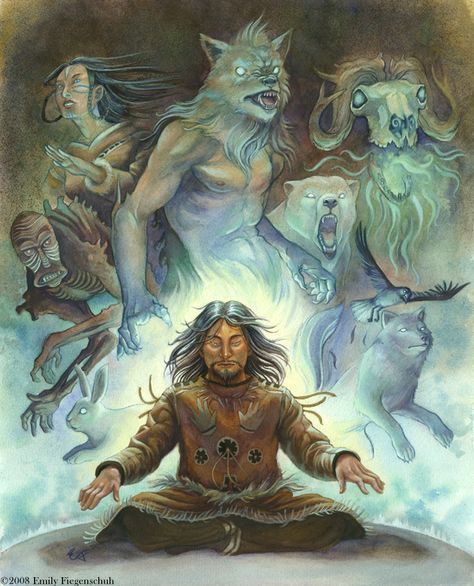 Amazing art of Emily Fiegenschuh at E-Figart.com. |ॐ| This illustrates the feel of the trollish shamans in the tribes that are tucked into the mountains, both in skin and hair tones, outfit, and spiritual belief. Shaman Illustration, Jahanara Begum, Native American Mythology, Shamanic Journey, Inuit Art, Digital Art Gallery, Visionary Art, Native Art, Spiritual Art