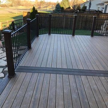 Wrap Around Deck Ideas Layout, Two Tone Deck Color Ideas Composite, Grey House Deck Colors, Composite Deck Colors For Gray House, Two Tone Composite Deck Ideas, Gray House With Deck, Blue Deck Ideas, Grey Stained Deck, Trex Pool Deck Ideas