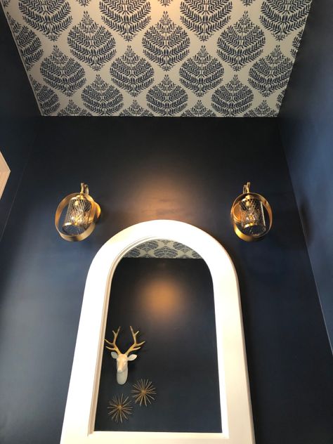 Dramatic Powder Room Navy and Gold Wallpaper Ceiling Powder Room Wallpaper On Ceiling, Powder Room Feature Wall Ideas, Wallpapered Powder Room Ideas, Powder Room Wallpaper Dramatic, Powder Room Painted Ceiling, Wallpaper Powder Room Small Modern, Wallpaper Ceiling Toilet, Navy And Black Wallpaper, Powder Room Wall Paint Ideas