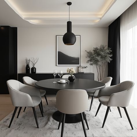 A modern dining room with a round black table, beige chairs, chic lighting, and abstract wall art. - modern dining room, minimalist decor, neutral palette, contemporary design, black and beige, elegant lighting, abstract artwork, chic minimalism Black Table Gray Chairs, Round Black Table, Monochrome Dining Room, Dining Room Minimalist, Monochromatic Decor, Table Beige, Christmas Dining Table Decor, Beige Chair, Minimalist Dining Room