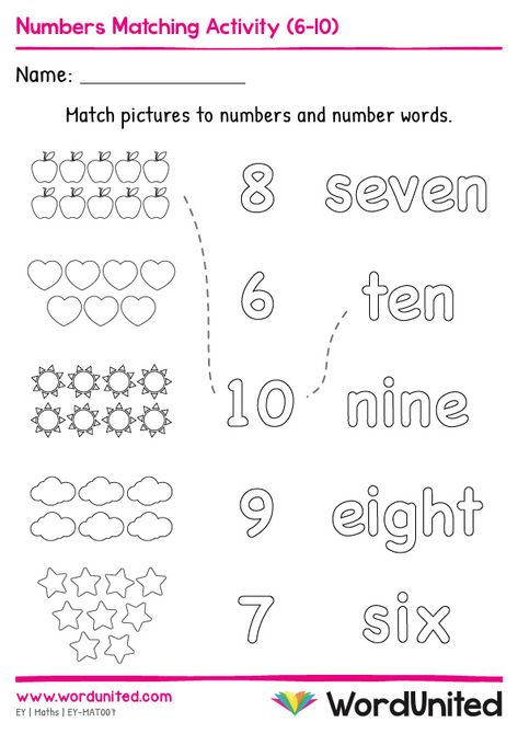 Reinforce learning numbers 6-10 with this brilliant worksheet! Children can match the pictures, numbers and words. Supports the following areas of learning within the Early Years Foundation Stage: Maths and Understanding the World. Numbers 6 To 10 Worksheets, Numbers 6-10 Kindergarten Activities, Numbers 6-10 Worksheets Preschool, Stages Of Mitosis, Writing Numbers Kindergarten, Early Education Activities, Maths Eyfs, Number Words Worksheets, Free Math Printables