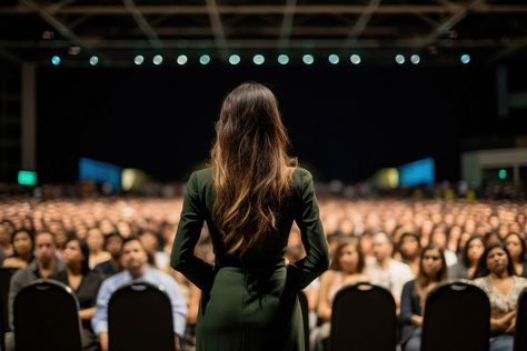 Business Woman Presenting, Woman Speaker Public Speaking, Female Public Speaker, Women Speakers On Stage, Speaking In Front Of Audience, Public Speaker Aesthetic Women, Giving Back To The Community Aesthetic, Woman Public Speaking, Woman Speaking On Stage