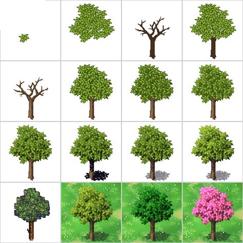 tree sprites by Halt77.deviantart.com on @DeviantArt Tree Sprite, Pixel Sprite Base, Pixel Art Sprite Sheet, 2d Sprite, 8 Bit Sprite Sheet, How To Pixel Art, Pixel Art Landscape, Game Textures, Piskel Art