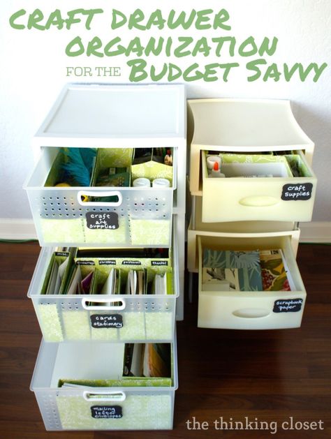 Craft Drawer Organization for the Budget Savvy - the thinking closet Craft Drawer Organization, Craft Organizer Cabinet, Craft Storage Drawers, Office Drawer Organization, Organizing Life, Plastic Drawer Organizer, Plastic Drawer, Drawer Organization, Scrapbook Organization