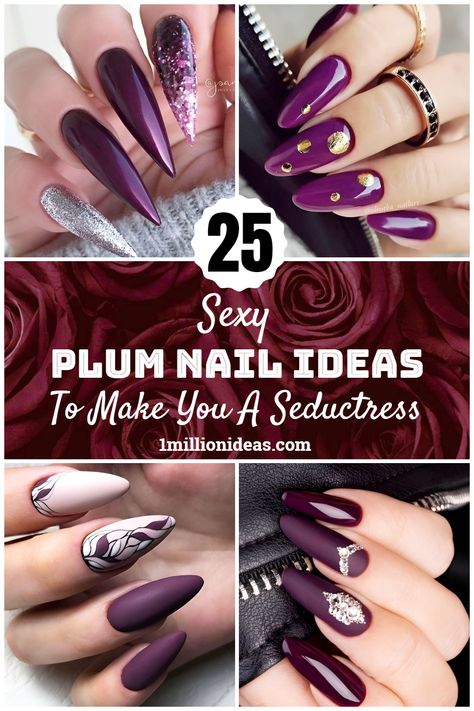 Plum Tip Nails, Plum Wedding Nails For Bride, Plum Gel Nail Designs, Plum Nail Ideas, Purple Fall Nail Art, Plum And Silver Nails, Deep Purple Acrylic Nails, Fall Nail Ombre, Dark Plum Nails Designs