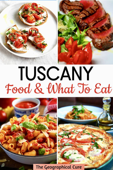 Pinterest pin for traditional food in Tuscany Tuscan Style Food, Tuscany Food Recipes, Authentic Tuscan Recipes, Tuscan Side Dishes, Tuscan Recipes Authentic, Tuscan Appetizers, Tuscany Italy Food, Tuscany Recipes, Tuscan Dinner Party