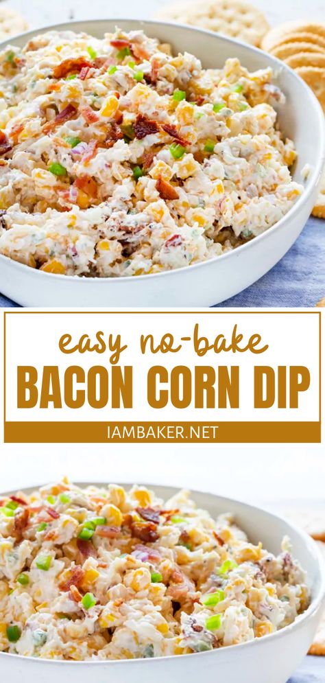 Bacon Corn Dip is always a hit at any party! This easy no-bake dip recipe comes together in less than 10 minutes, loaded with the perfect flavor combination of simple pantry staples. Serve with crackers or tortilla chips for the ultimate crowd-pleasing appetizer! Corn Dip With Bacon, Easy Corn Dip, Baked Dip Recipes, Bacon Dip Recipes, Bacon Corn, Baked Appetizers, Baked Dips, Corn Dip Recipes, Bacon Dip