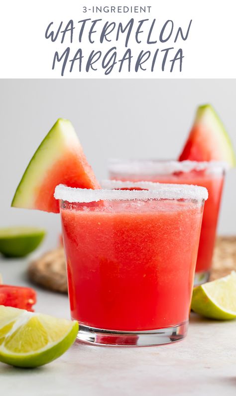 The epitome of summer, these 3 ingredient watermelon margaritas are fruity, naturally sweet, boozy, and crazy easy! Inspired by sweet watermelon juice, spiked with a generous serving of tequila and tart lime juice, this watermelon margarita recipe takes only 3 minutes to make and is always a hit! Made slushy with frozen watermelon, or served on the rocks with fresh watermelon. #watermelon #vegan #tequila #cocktail Watermelon Margarita Recipe, Watermelon Tequila, Watermelon Margaritas, Watermelon Punch, Flavored Margaritas, Easy Margarita, Eating Watermelon, Frozen Watermelon, Watermelon Margarita