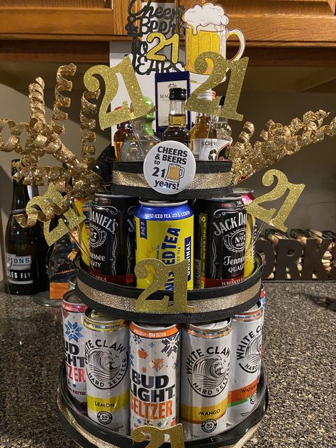 Drink Tower Birthday, Beer Tower Cake For Men, Alcohol Tower 21st Birthday, Drink Tower, Beer Can Cake Tower, How To Make A Beer Can Cake Tower, Beer Cake Tower, 21st Birthday Beer Cake, Birthday Beer Cake