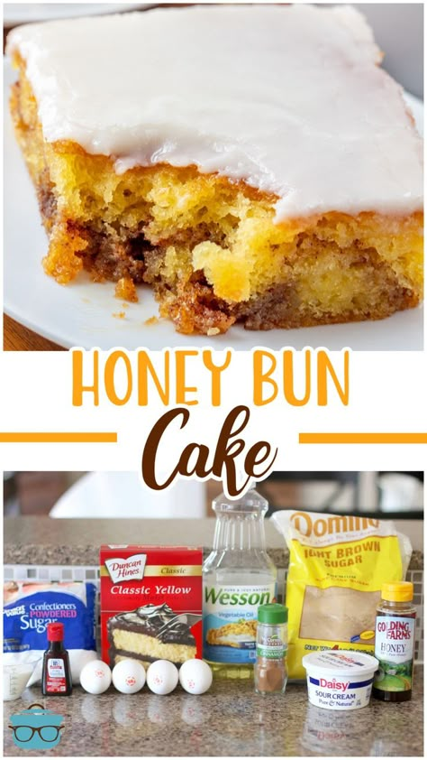 Honey Bun Brownies Recipe, Honey Bun Brownies, Yellow Cake Mix Desserts, Honey Bun Cake Recipe, Fancy Sweets, Yellow Cake Mix Recipes, Honey Bun Cake, Bun Cake, Cake Mix Desserts