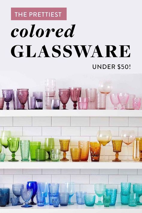 love this rainbow colored drinking glass wall. get the look for less by picking up these vintage glassware finds on amazon! #amazon #amazonhome, amazon home decor, amazon home finds, colored glassware, kitchen pantry, kitchen storage, kitchen design, vintage drinking glasses, vintage colored glassware Rainbow Glassware, Colored Drinking Glasses, Colorful Glassware, Vintage Drinking Glasses, Colored Glasses, Kitchen Needs, Colored Glassware, Amazon Home Decor, Kitchen Dishes