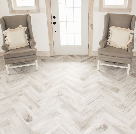 Big Herringbone Tile Floor, Entryway Flooring Ideas Tile Herringbone, Beach Tile Flooring, Small Entryway Tile Ideas, Modern Bedroom Tile Flooring Ideas, Entryway Flooring Ideas Tile, Light Tile Floor, Entryway Tile Floor, Garden Shack