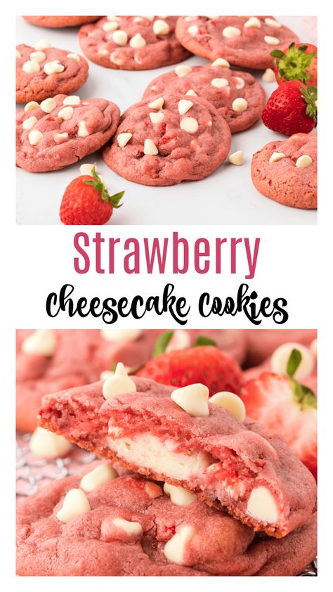 Strawberry Cookie Recipe, Strawberry Cream Cheese Cookies, Strawberries And Cream Cheese, Fun Cheesecake Recipes, Strawberry Cheesecake Cookies, Strawberry Cream Cheese Filling, Strawberry Chocolate Chip Cookies, Cheesecake Cookies Recipes, Soft Chewy Cookies