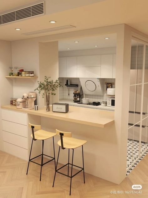 Small Aesthetic Kitchen Ideas, Aesthetic Condo Design, Town House Interior Design Ideas, Modern Muji Interior Design, Small Unit Decor Ideas, Eating Table Dining Rooms, Kitchen Design Without Upper Cabinets, Kitchen Cabinets Aesthetic, Small Kitchen Condo