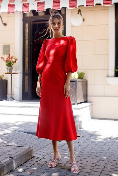 Midi Puff Sleeve Dress, Work Cocktail Party Outfit Classy, Red Midi Dress Outfit, Red Dress To Impress, Cocktail Party Outfit Classy, Red Puff Sleeve Dress, Red Dress Midi, Red Formal Dresses, Cocktail Party Outfit