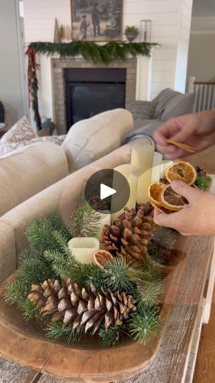 1.1M views · 1.6K reactions | This dough bowl centerpiece is the most viral of all my videos. At nearly 22 million views on this platform alone it definitely made an impact. so l'm bringing it back around to inspire once again.It's so simple to re-create using my long, shallow dough bowl, a flexible pine garland, flameless candles, pinecones, and dried oranges. | Lavender Brook Farm Antique Dough Bowl Decorating Ideas, Large Dough Bowl Decor Ideas, Christmas Dough Bowl Decorating Ideas, Bowl Styling, Dough Bowl Centerpiece, Bowl Centerpiece, Pine Garland, Dried Oranges, Christmas Centerpiece