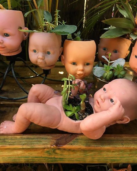 145 People Who Turned Old Dolls Into Planters And Scared The Hell Out Of Their Neighbors Creepy Baby Dolls, Crafts By Season, Plants Growing, Head Planters, Diy Store, Deco Originale, Seasonal Garden, Old Dolls, Creepy Dolls