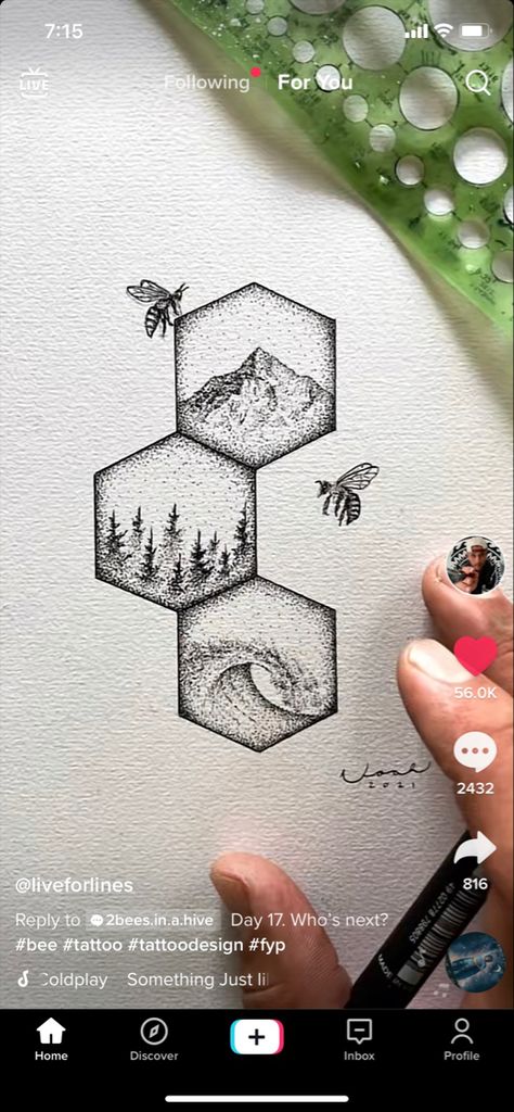 Honeycomb, mountains, forest, and waves Honeycombs Drawings, Scenic Tattoo, Queen Bee Tattoo, Hexagon Tattoo, Honey Bee Tattoo, Honeycomb Tattoo, 42 Tattoo, 16 Tattoo, Mountains Forest