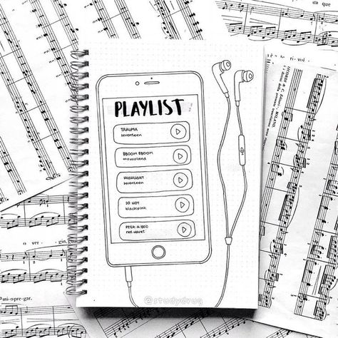 Bullet journal playlist spread, iPhone drawing, ear buds drawing. | @studydrug Journal D'inspiration, Bullet Journel, Penanda Buku, Bullet Journal 2019, Bullet Journal Hacks, Bullet Journal Ideas, Self Care Bullet Journal, Bullet Journal Notebook, Diary Ideas