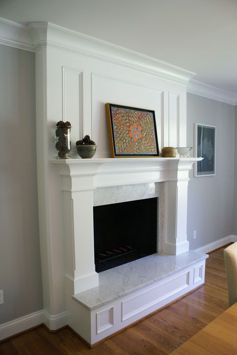 Traditional White Fireplace Mantel, Transitional Fireplace Makeover, Fireplace With Ledge, Fireplace Redo, Fake Fireplace, Modern Rustic Living Room, Build A Fireplace, Room Fireplace, Dining Room Fireplace