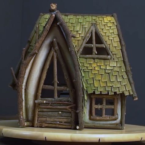 A Frame Fairy House, House Cardboard Diy, Cardboard Fairy House, Diy Window Shutters, Castle Windows, Wonky Houses, Twigs Diy, House Cardboard, Cardboard Box Houses