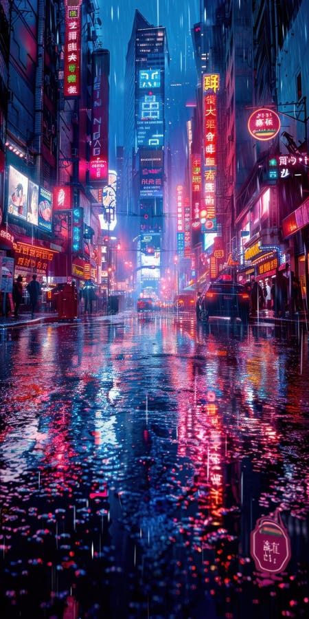 Neonlit rainy night in futuristic city with vivid lights and reflections, cyberpunk atmosphere royalty free stock images Cute Background For Zepeto, Background For Zepeto, City Rain, City Life Photography, Cute Background, Cityscape Photography, City Background, Cyberpunk City, Rainy Night