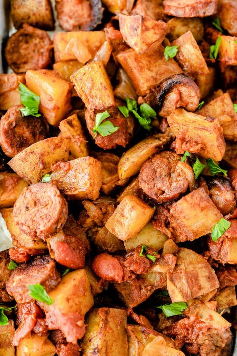 Portuguese Roasted Potatoes recipe from RecipeGirl.com #portuguese #roasted #potato #potatoes #sausage #recipe #RecipeGirl Linguica And Potatoes, Portuguese Sausage Recipe Dinners, Portuguese Roasted Potatoes, Portuguese Party, Portuguese Potatoes, Portugal Recipes, Portuguese Dishes, Baking Potatoes, Portuguese Sausage